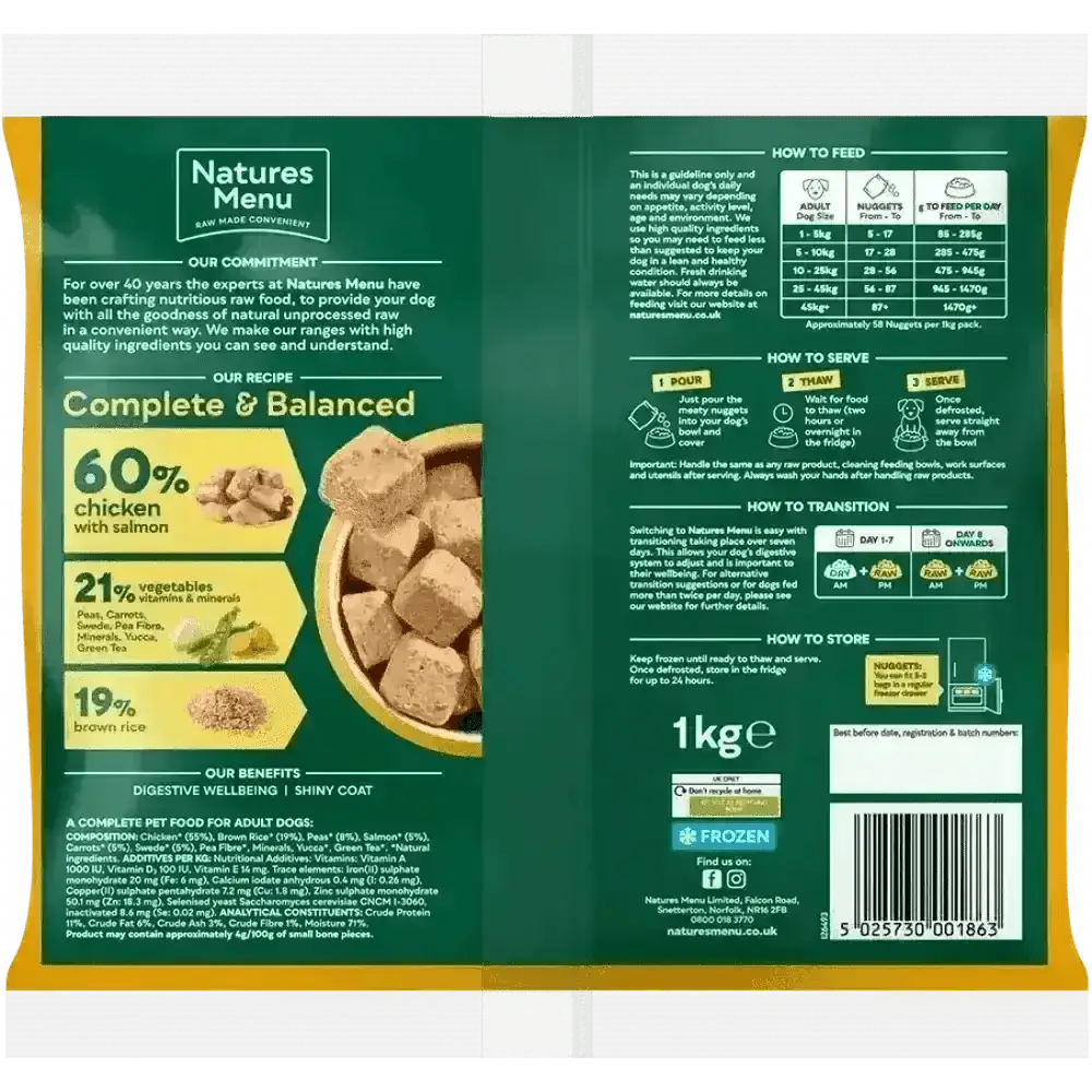 Natures Menu’s 60/40 chicken with salmon, vegetables and brown rice dog food bag