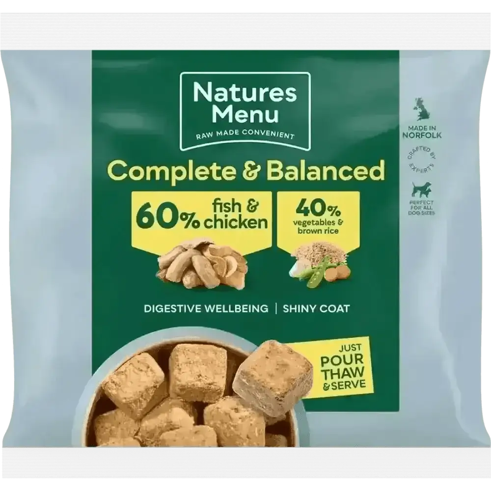 Natures Menu 60/40 fish and chicken dog food pouch with vegetables and brown rice for adult dogs