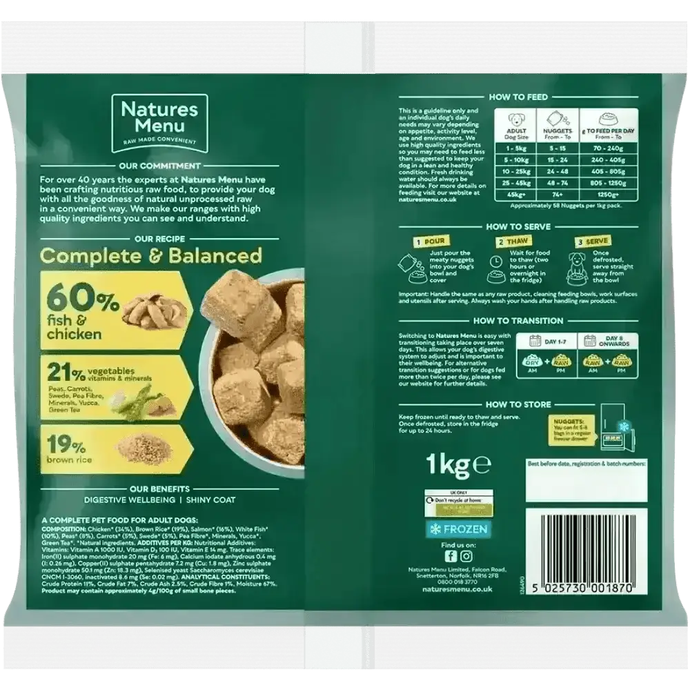 Natures Menu 60/40 fish and chicken dog food packaging