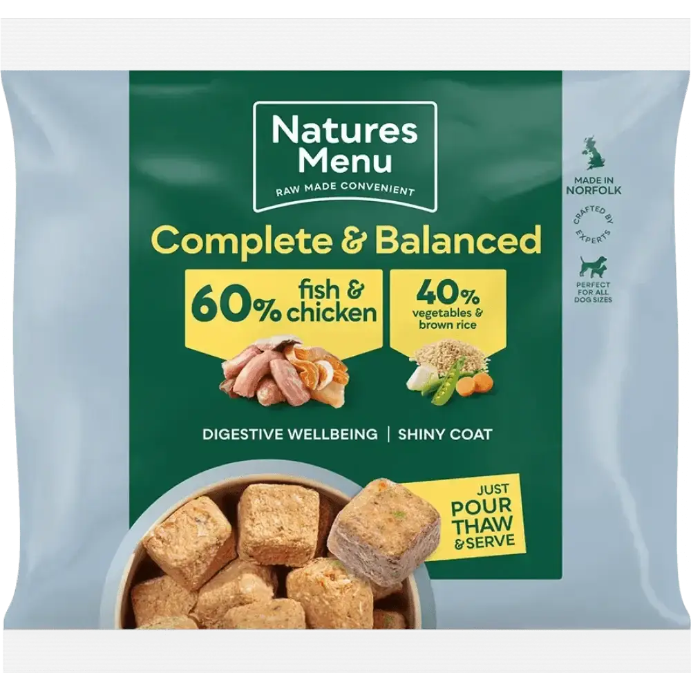 Natures Menu 60/40 fish and chicken dog food pouch with vegetables and brown rice for adult dogs
