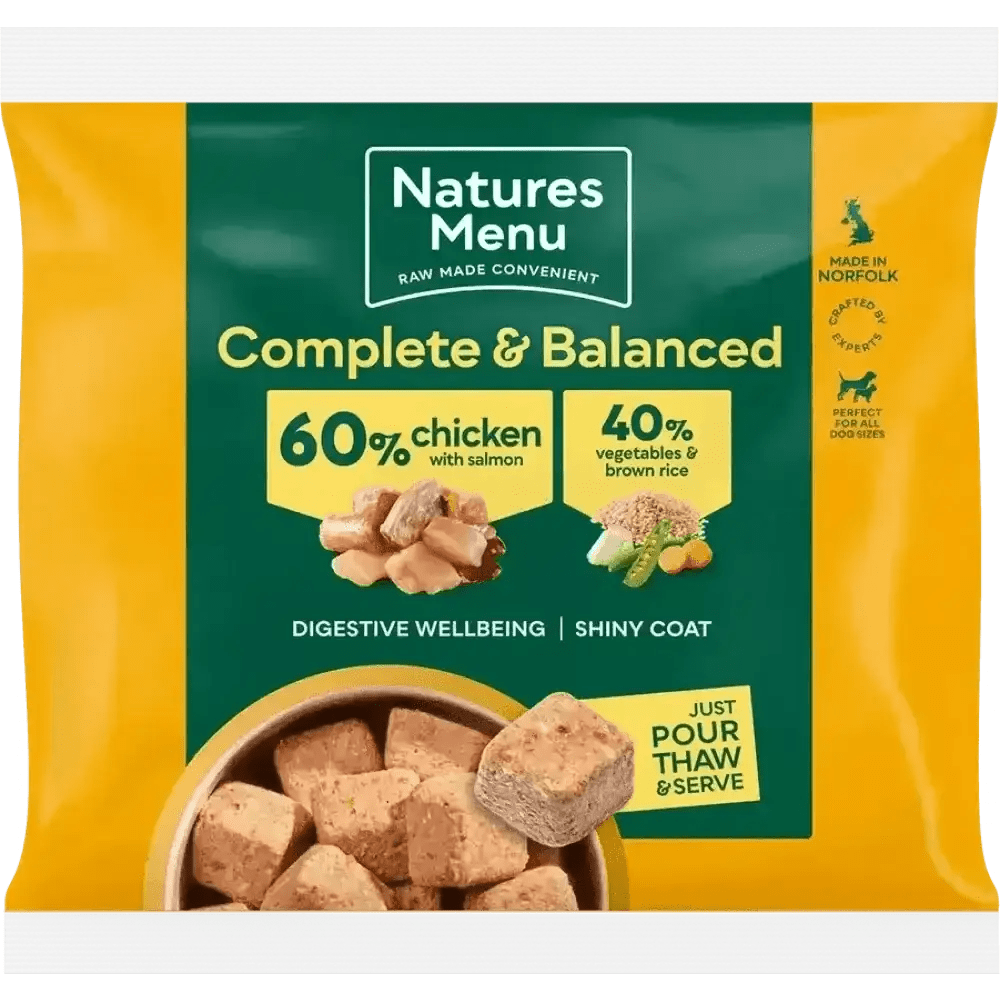 Natures Menu’s 60/40 chicken with salmon, vegetables and brown rice dog food pouch