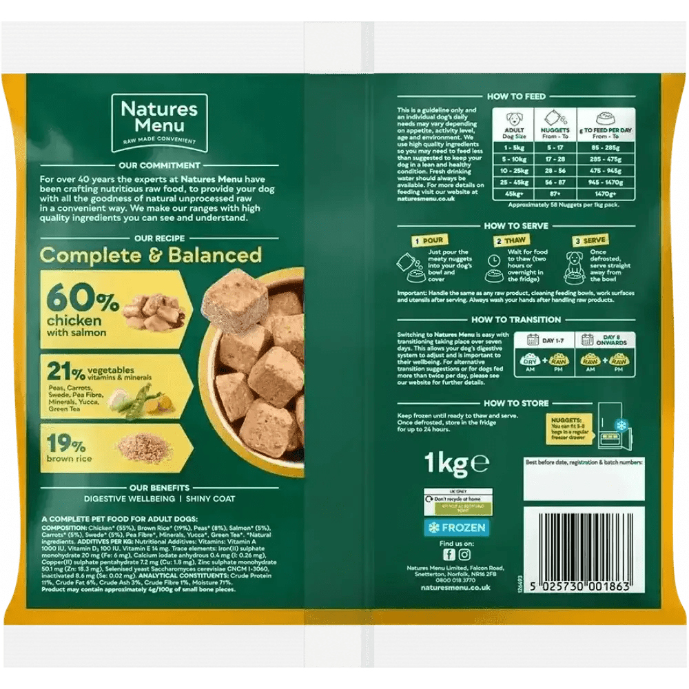 Natures Menu’s 60/40 chicken with salmon, vegetables and brown rice dog food bag