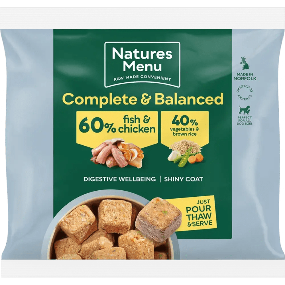 Natures Menu 60/40 fish and chicken dog food pouch with vegetables and brown rice for adult dogs