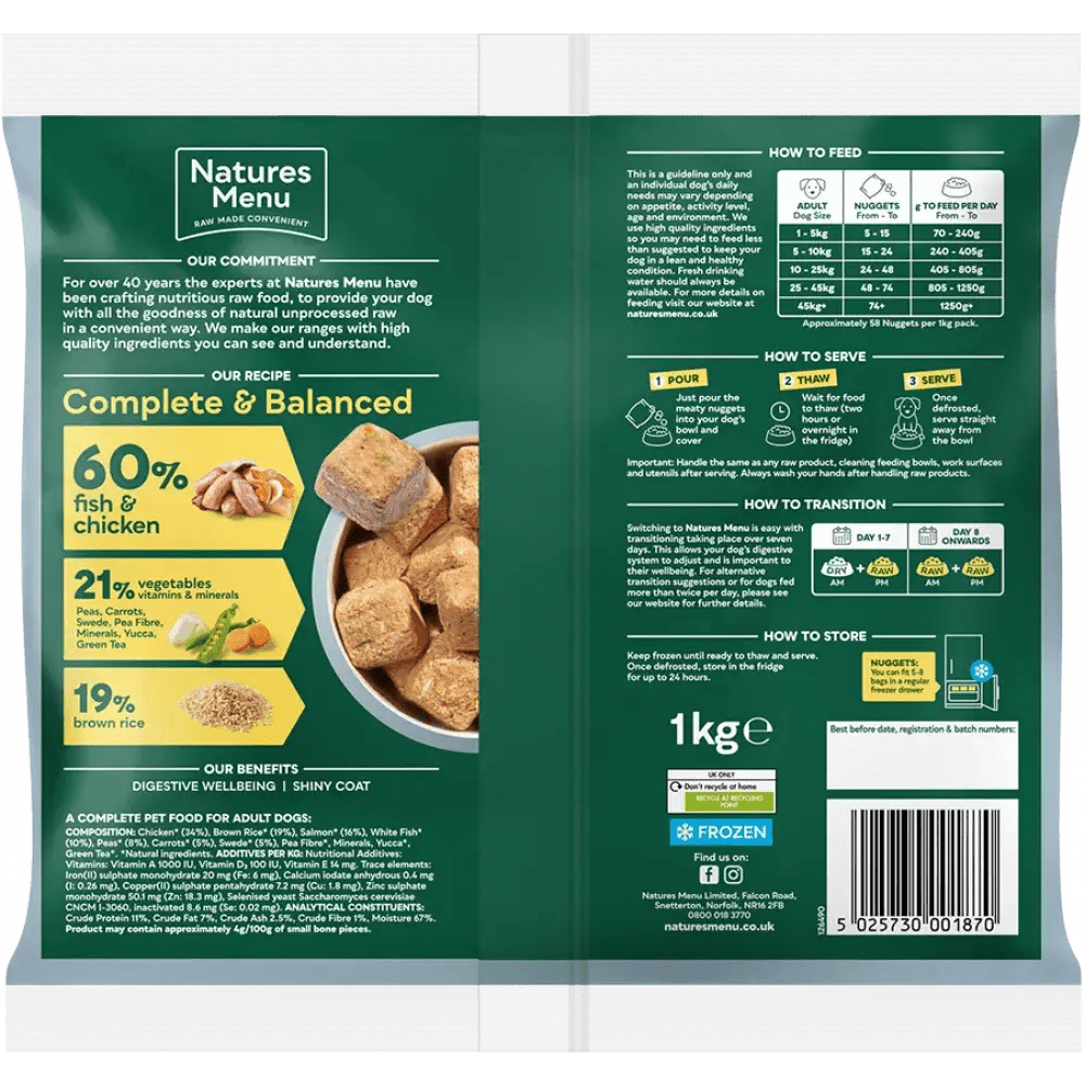 Natures Menu 60/40 fish and chicken dog food packaging