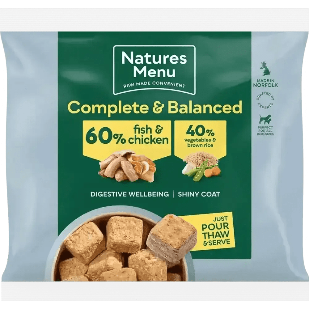 Natures Menu 60/40 fish and chicken dog food pouch with vegetables and brown rice for adult dogs