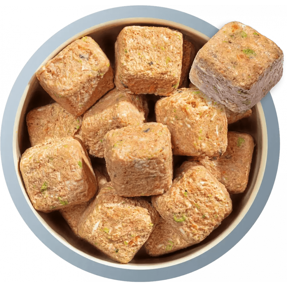 Natures Menu brown rice fish chicken dog food treats in bowl