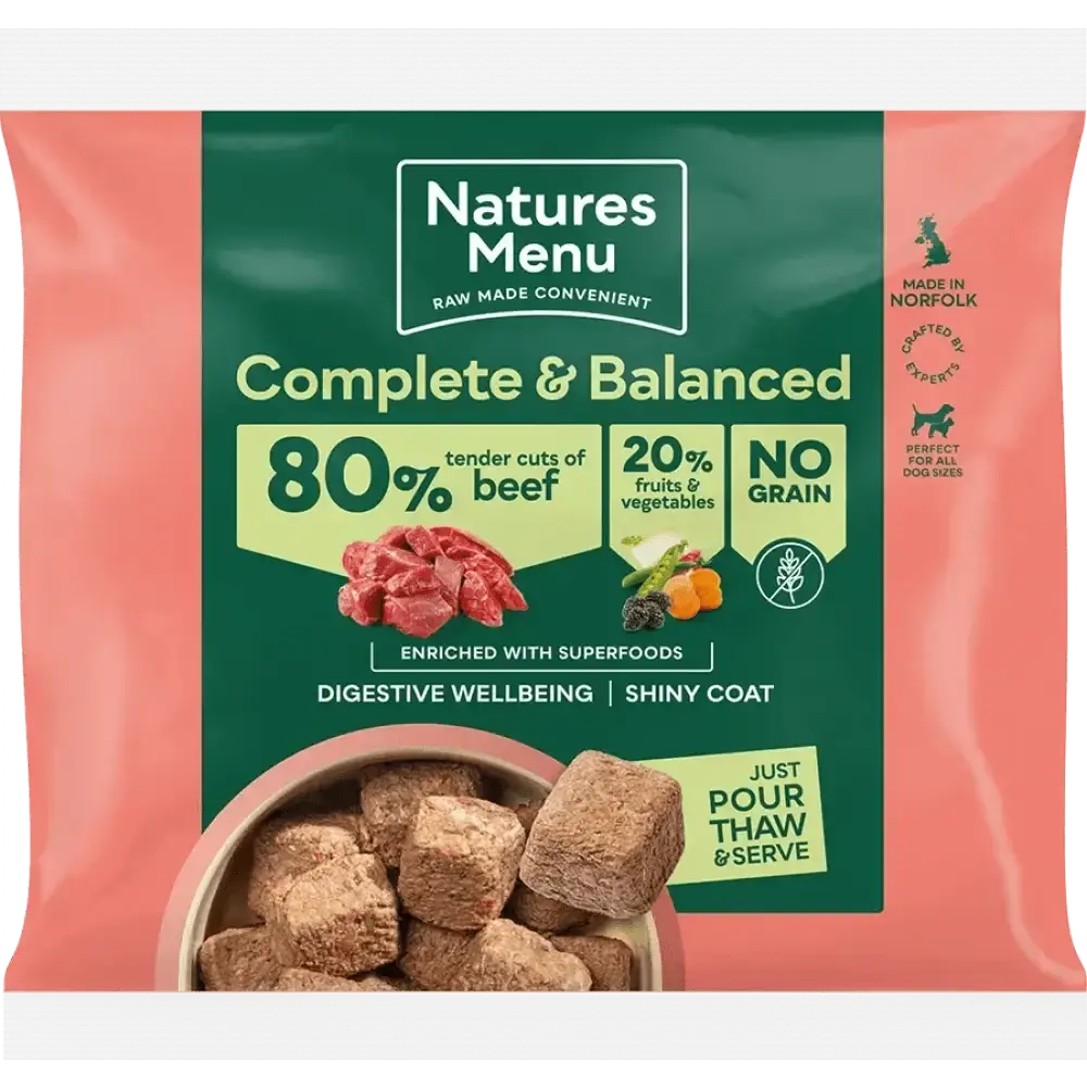 Natures Menu 80/20 Beef with Superfoods tender cuts dog food pouch for adult dogs