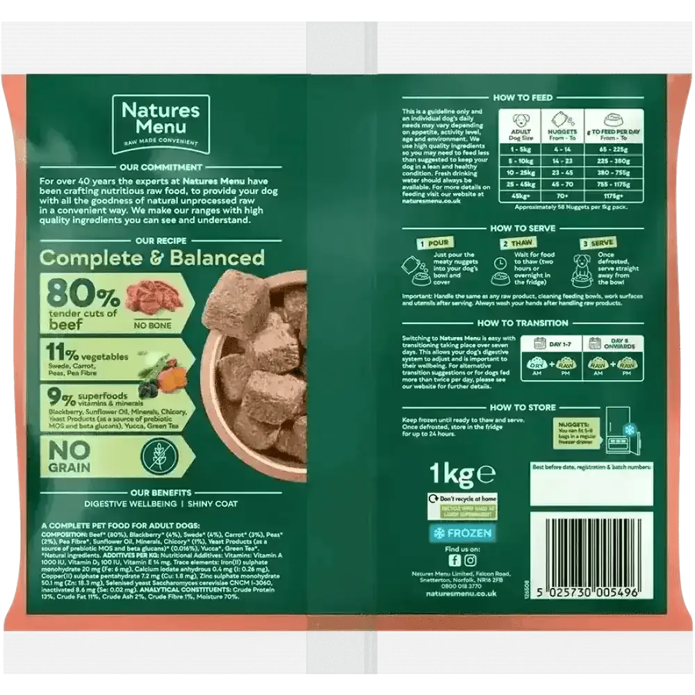 Natures Menu 80/20 Beef with Superfoods dog food bag with tender cuts and kibble bowl