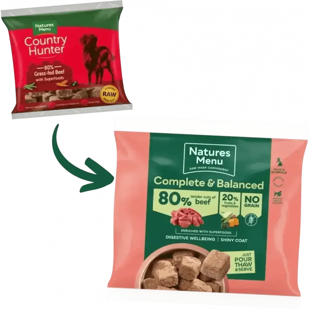 Natures Menu 80/20 Beef with Superfoods for Adult Dogs, complete raw tender cuts dog food