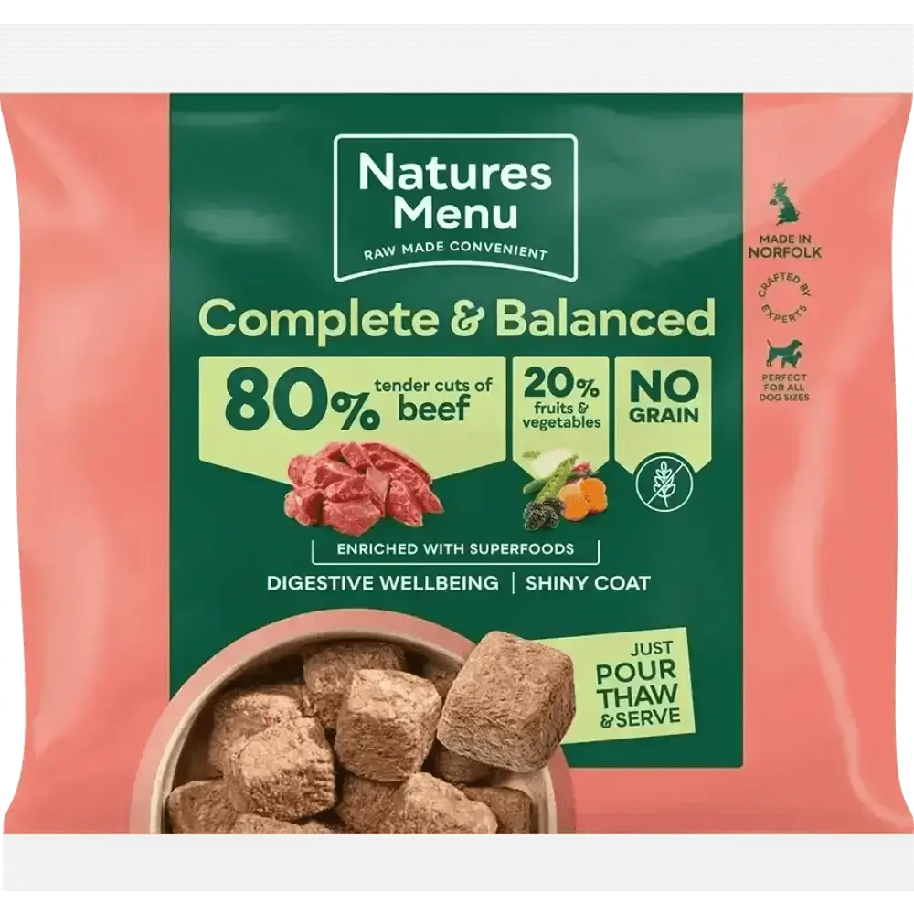 Natures Menu 80/20 Beef with Superfoods tender cuts dog food pouch for adult dogs