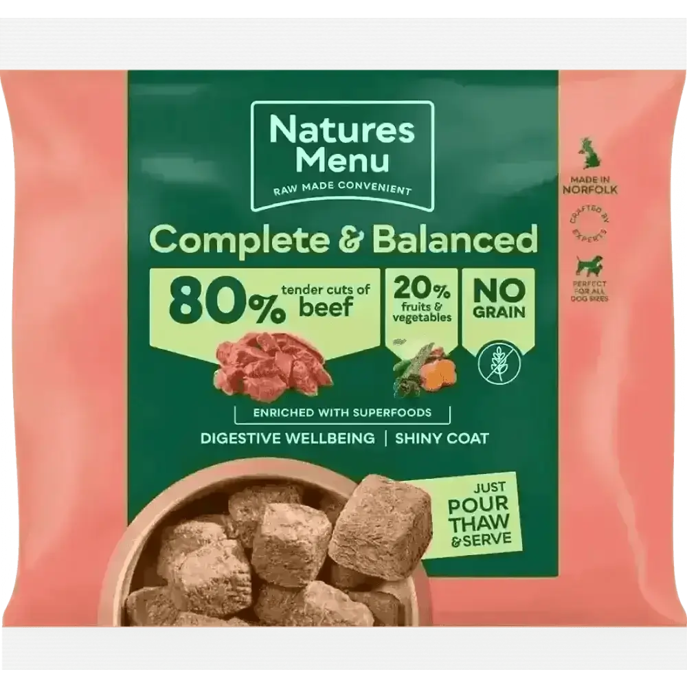 Natures Menu 80/20 Beef with Superfoods tender cuts dog food pouch for adult dogs
