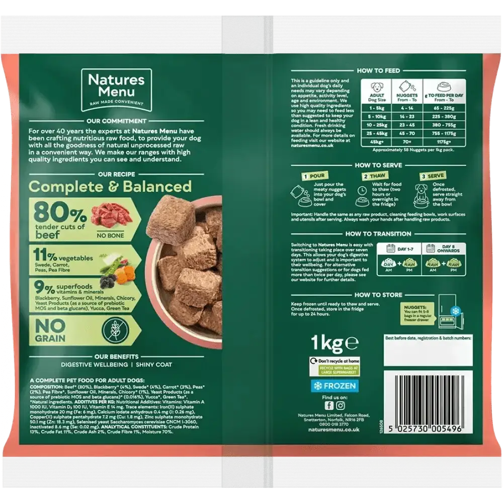 Natures Menu 80/20 Beef with Superfoods dog food bag with tender cuts and kibble bowl