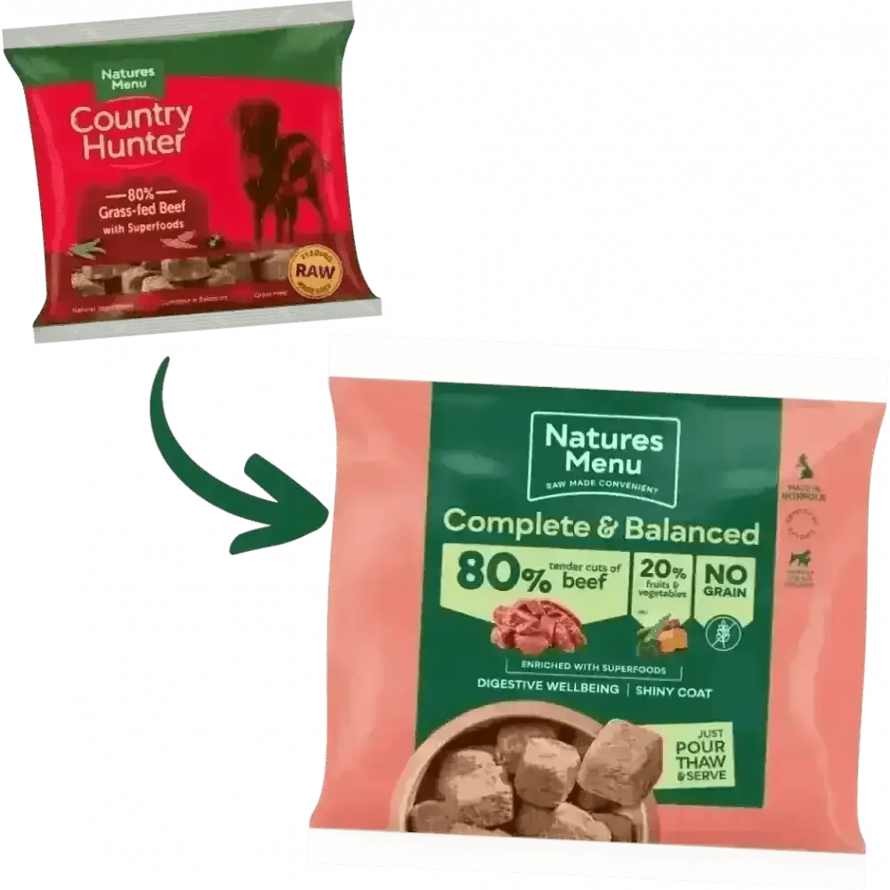 Natures Menu 80/20 Beef with Superfoods for Adult Dogs, complete raw tender cuts dog food