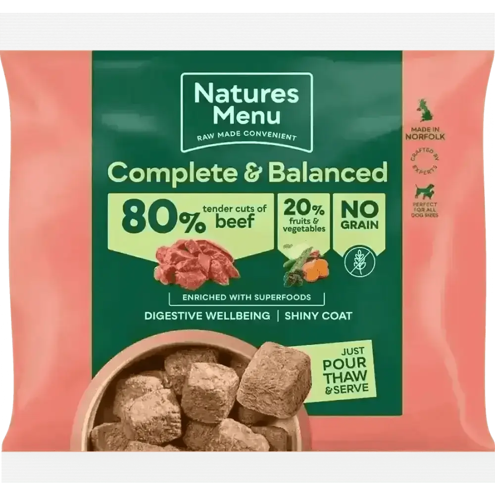 Natures Menu 80/20 Beef with Superfoods tender cuts dog food pouch for adult dogs