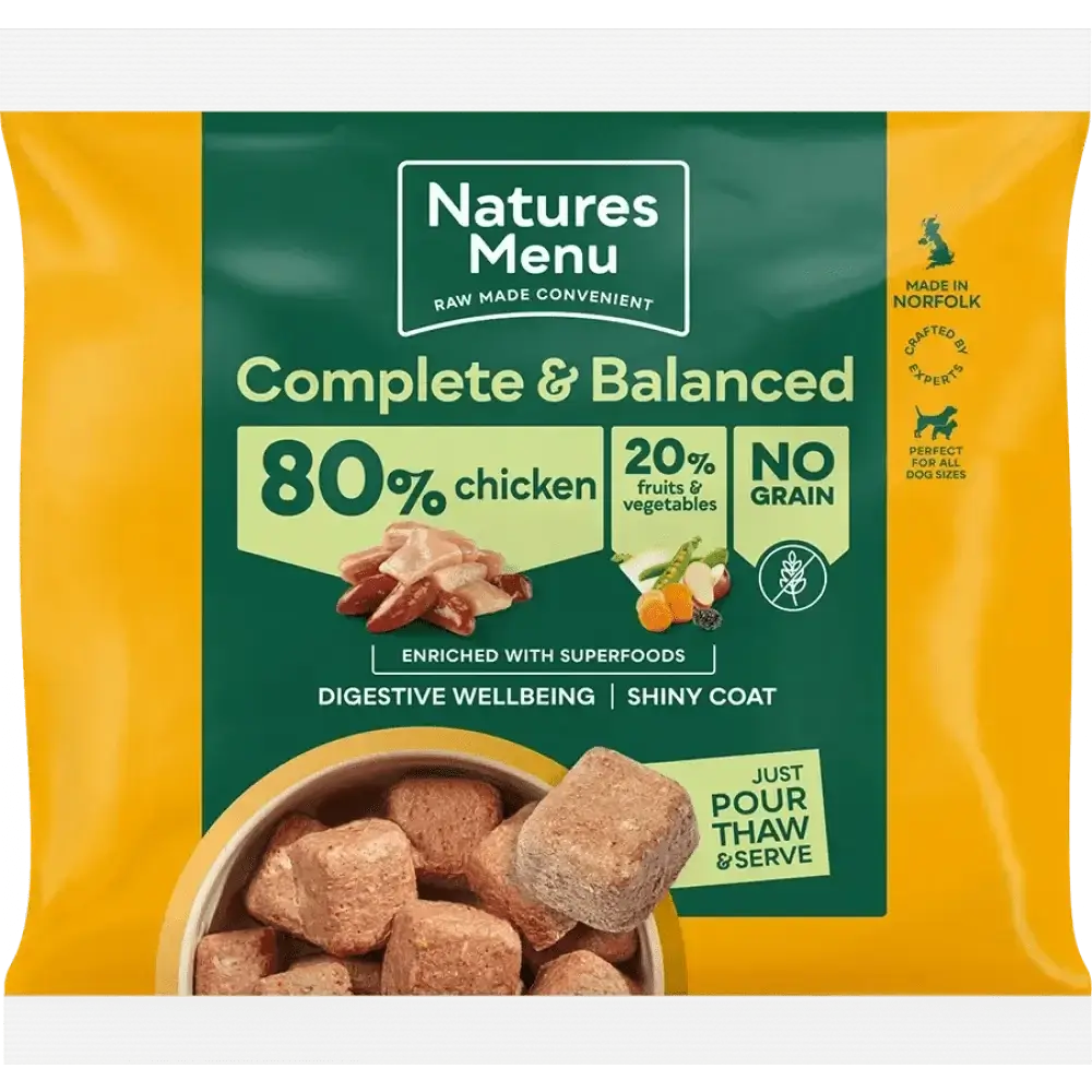 Natures Menu 80/20 Chicken with Superfoods for Adult Dogs, complete balanced single protein dog food pouch