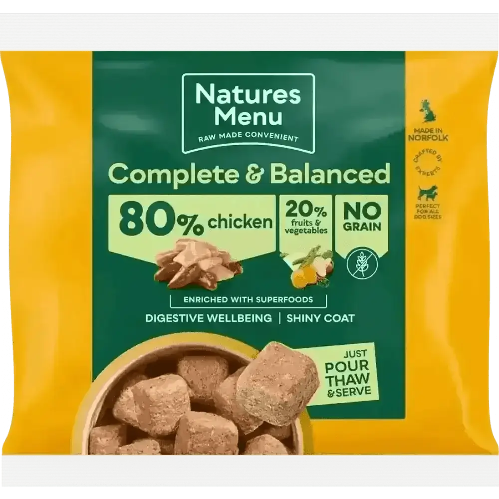 Natures Menu 80/20 Chicken with Superfoods for Adult Dogs, complete balanced single protein dog food pouch