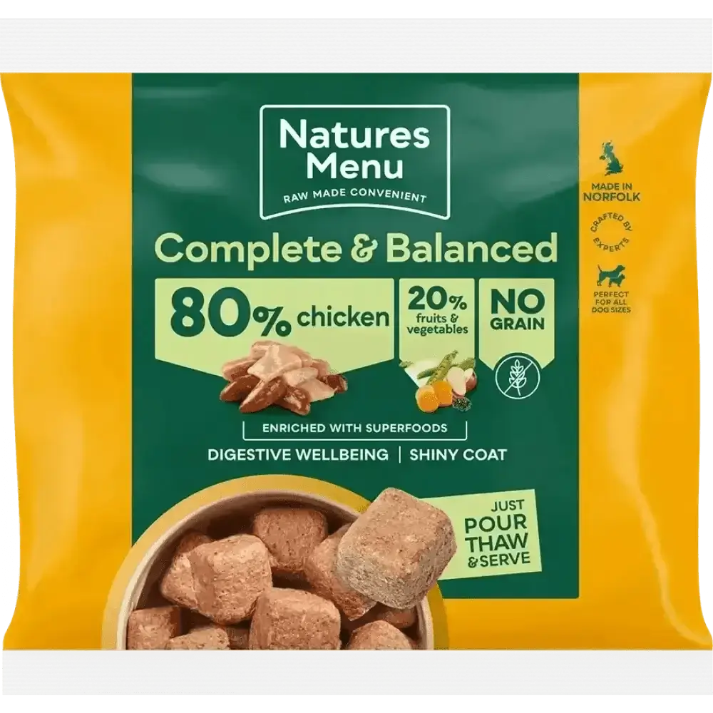 Natures Menu 80/20 Chicken with Superfoods for Adult Dogs, complete balanced single protein dog food pouch