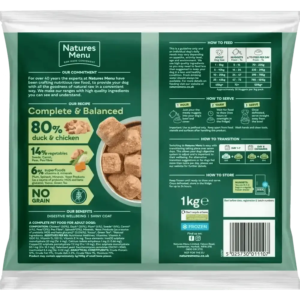 Natures Menu 80/20 Duck and Chicken with Superfoods dog food bag supporting dog’s digestive wellbeing