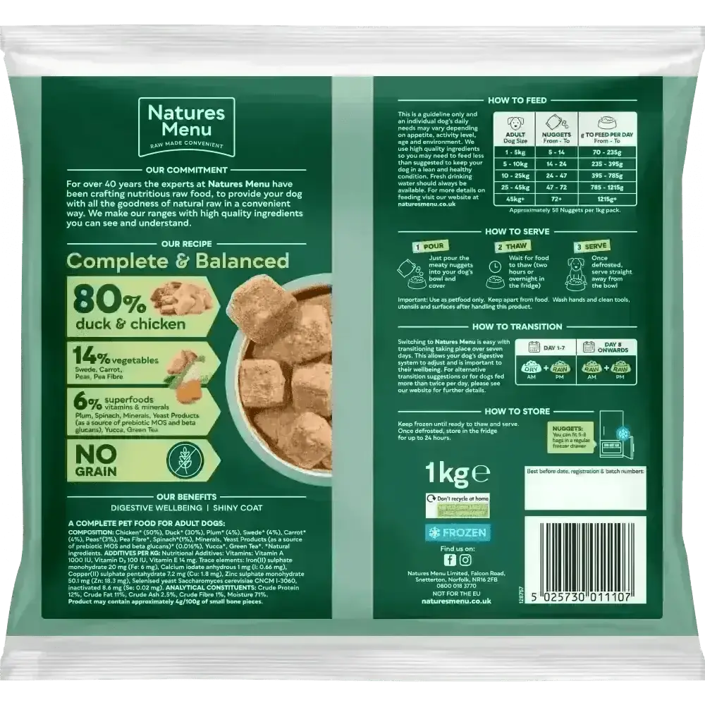 Natures Menu 80/20 Duck and Chicken with Superfoods dog food bag supporting dog’s digestive wellbeing