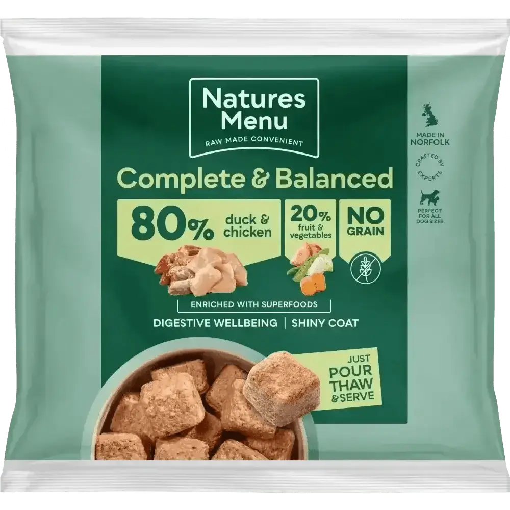 Natures Menu 80/20 Duck and Chicken with Superfoods raw nuggets for dog’s digestive wellbeing