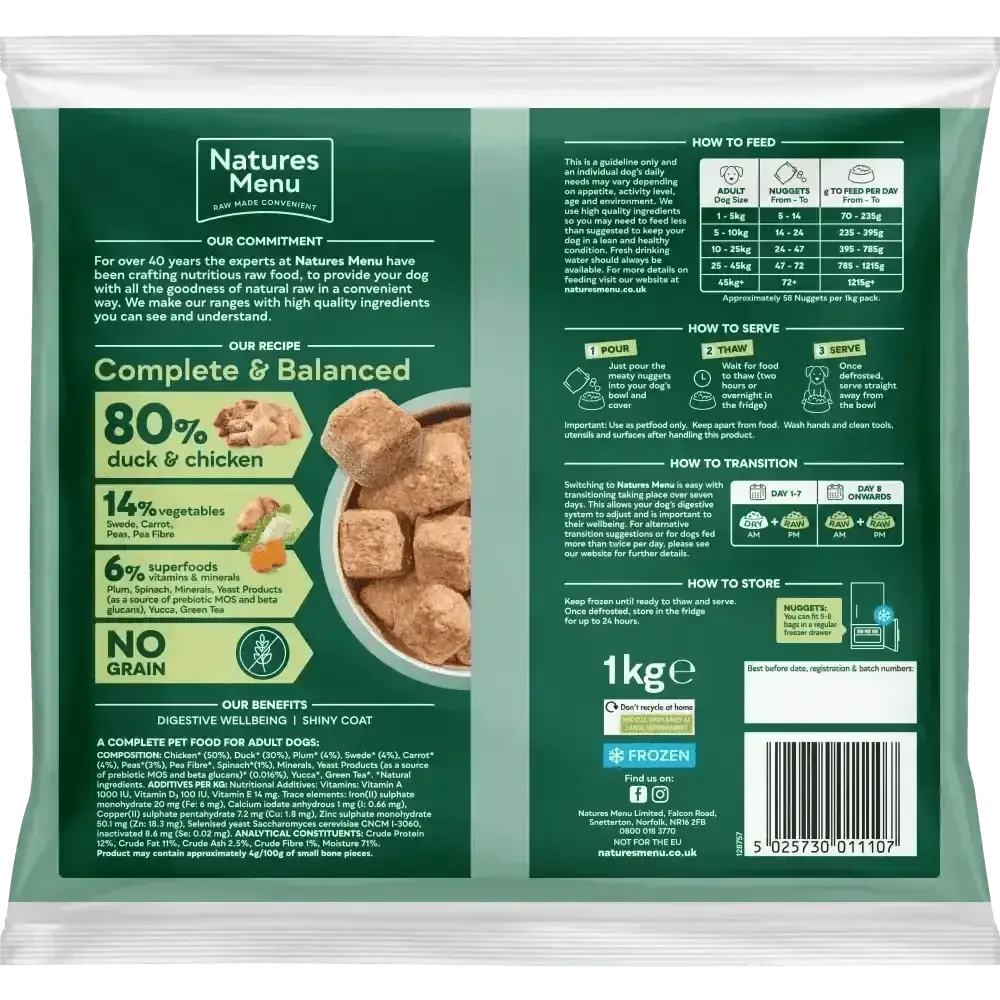 Natures Menu 80/20 Duck and Chicken with Superfoods dog food bag supporting dog’s digestive wellbeing