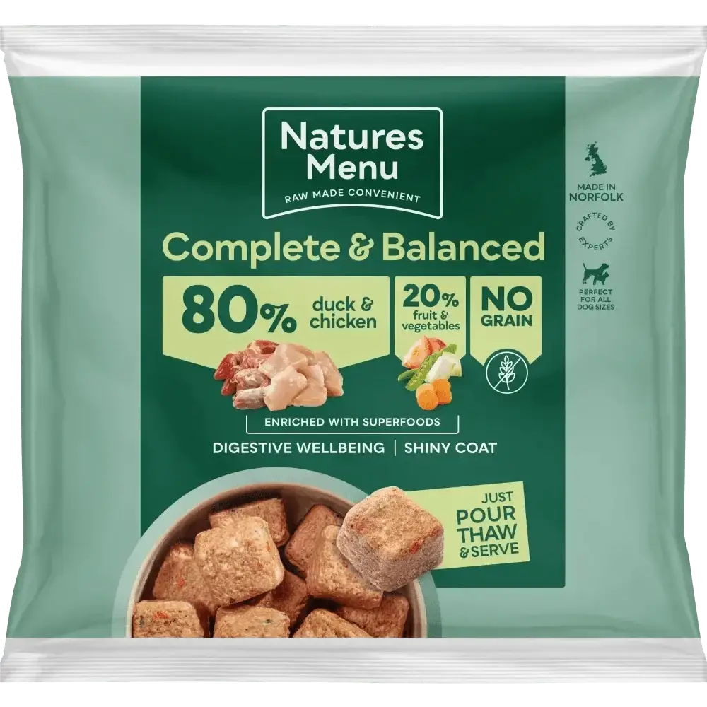 Natures Menu 80/20 Duck and Chicken with Superfoods raw nuggets for dog’s digestive wellbeing