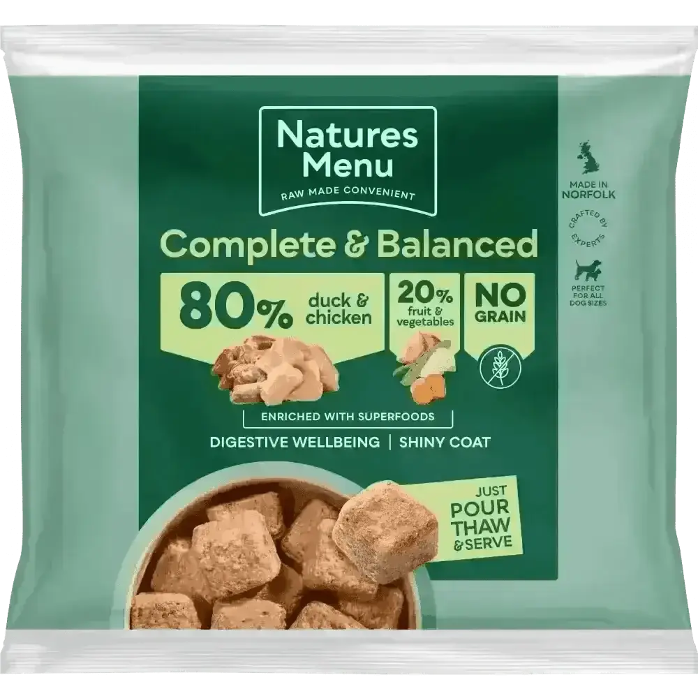 Natures Menu 80/20 Duck and Chicken with Superfoods raw nuggets for dog’s digestive wellbeing
