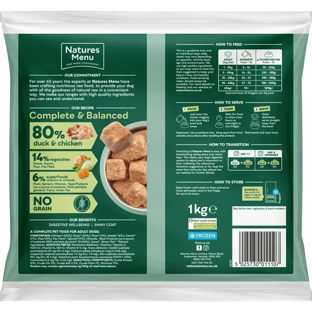 Natures Menu 80/20 Duck and Chicken with Superfoods dog food bag supporting dog’s digestive wellbeing