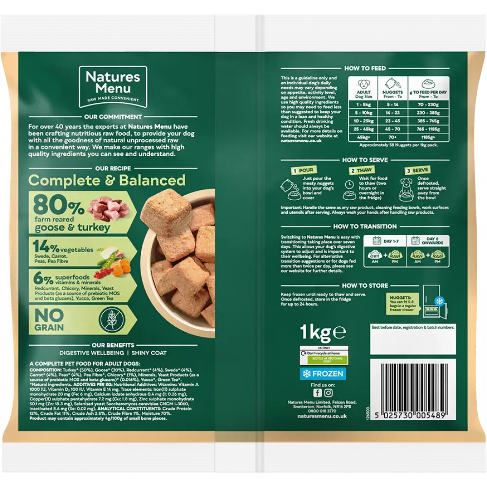 Natures Menu 80/20 Goose and Turkey with Superfoods dog food bag and bowl of delicious meaty nuggets