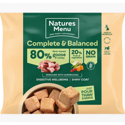 Natures Menu complete balanced dog food pouch with delicious meaty nuggets made from 80% goose and turkey, no grain