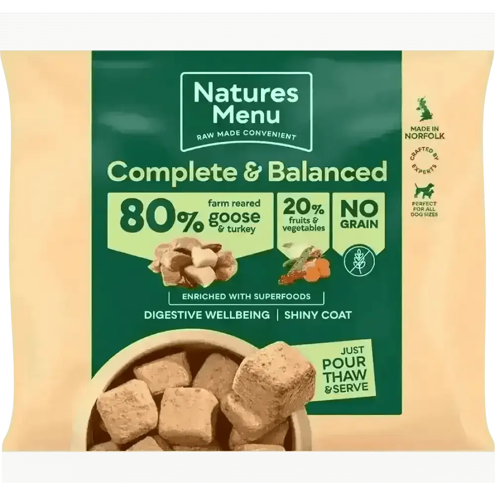 Natures Menu complete balanced dog food pouch with delicious meaty nuggets made from 80% goose and turkey, no grain