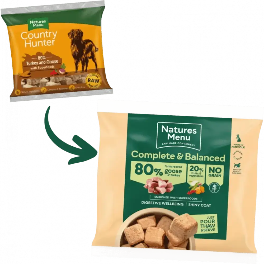 Natures Menu 80/20 Goose and Turkey with Superfoods dog food bag featuring delicious meaty nuggets