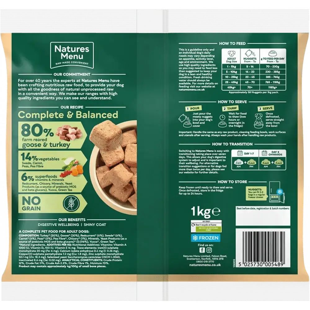 Natures Menu 80/20 Goose and Turkey with Superfoods dog food bag and bowl of delicious meaty nuggets