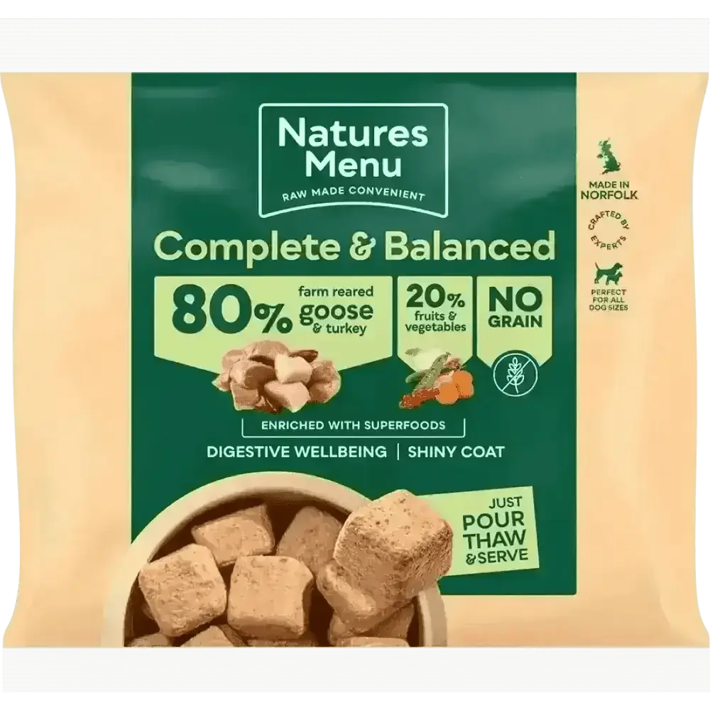 Natures Menu complete balanced dog food pouch with delicious meaty nuggets made from 80% goose and turkey, no grain