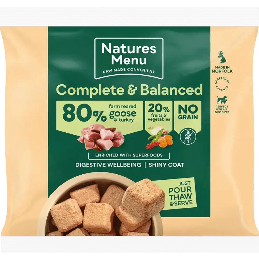 Natures Menu complete balanced dog food pouch with delicious meaty nuggets made from 80% goose and turkey, no grain