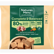 Natures Menu complete balanced dog food pouch with delicious meaty nuggets made from 80% goose and turkey, no grain