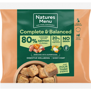 Natures Menu complete and balanced dog food pouch with salmon and chicken, green label