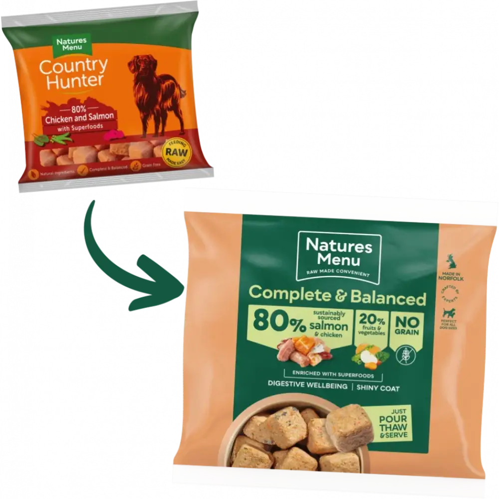Natures Menu 80/20 Salmon and Chicken with Superfoods dog food bag featuring salmon chunks