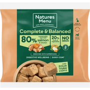 Natures Menu complete and balanced dog food pouch with salmon and chicken, green label