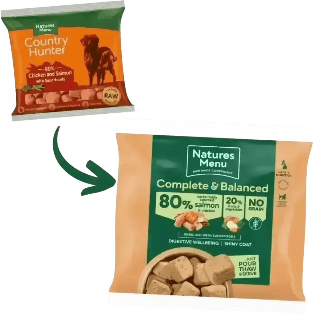 Natures Menu 80/20 Salmon and Chicken with Superfoods dog food bag featuring salmon chunks
