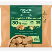 Natures Menu complete and balanced dog food pouch with salmon and chicken, green label