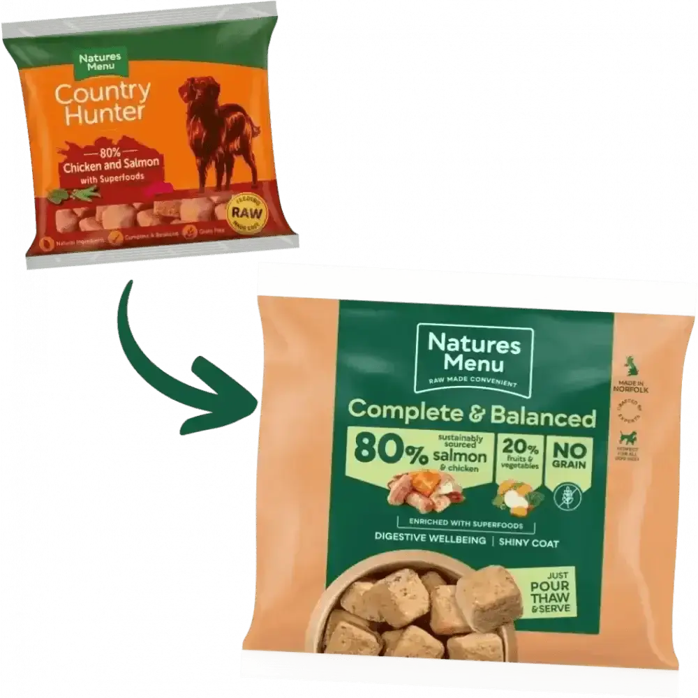 Natures Menu 80/20 Salmon and Chicken with Superfoods dog food bag featuring salmon chunks