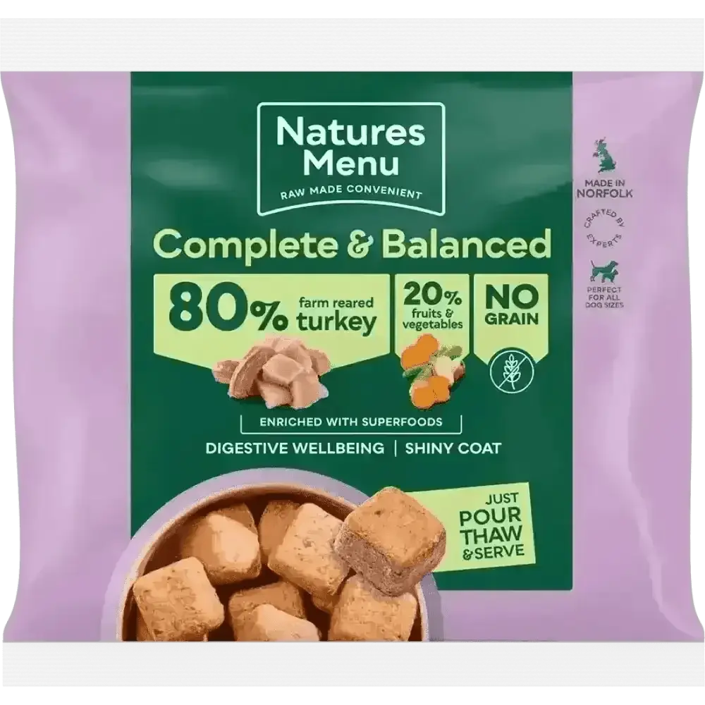 Natures Menu 80/20 Turkey with Superfoods dog food pouch, grain-free and balanced for adult dogs