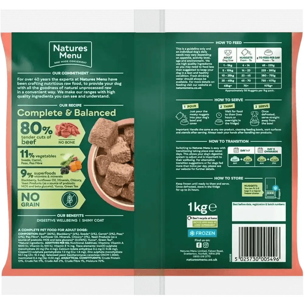 Natures Menu 80/20 Beef with Superfoods dog food bag with tender cuts and kibble bowl