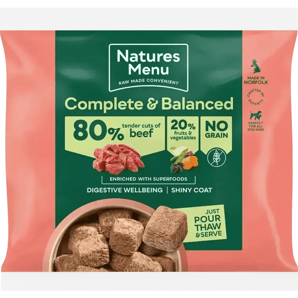 Natures Menu 80/20 Beef with Superfoods tender cuts dog food pouch for adult dogs