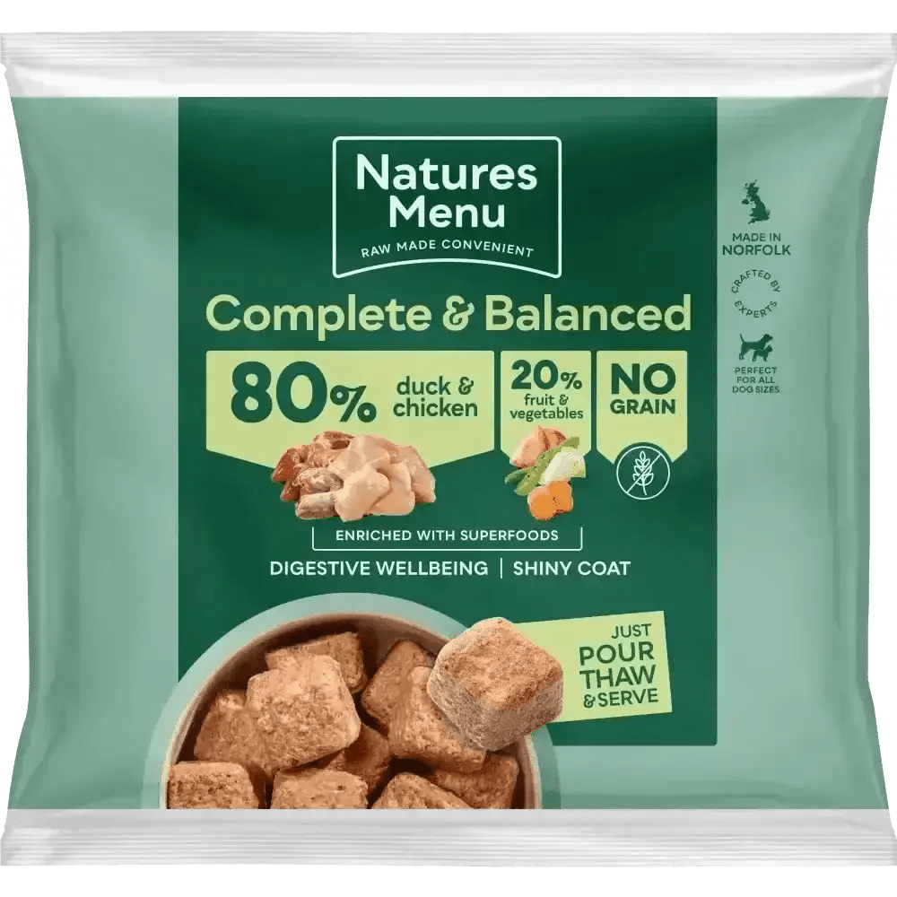 Natures Menu 80/20 Duck and Chicken with Superfoods raw nuggets for dog’s digestive wellbeing