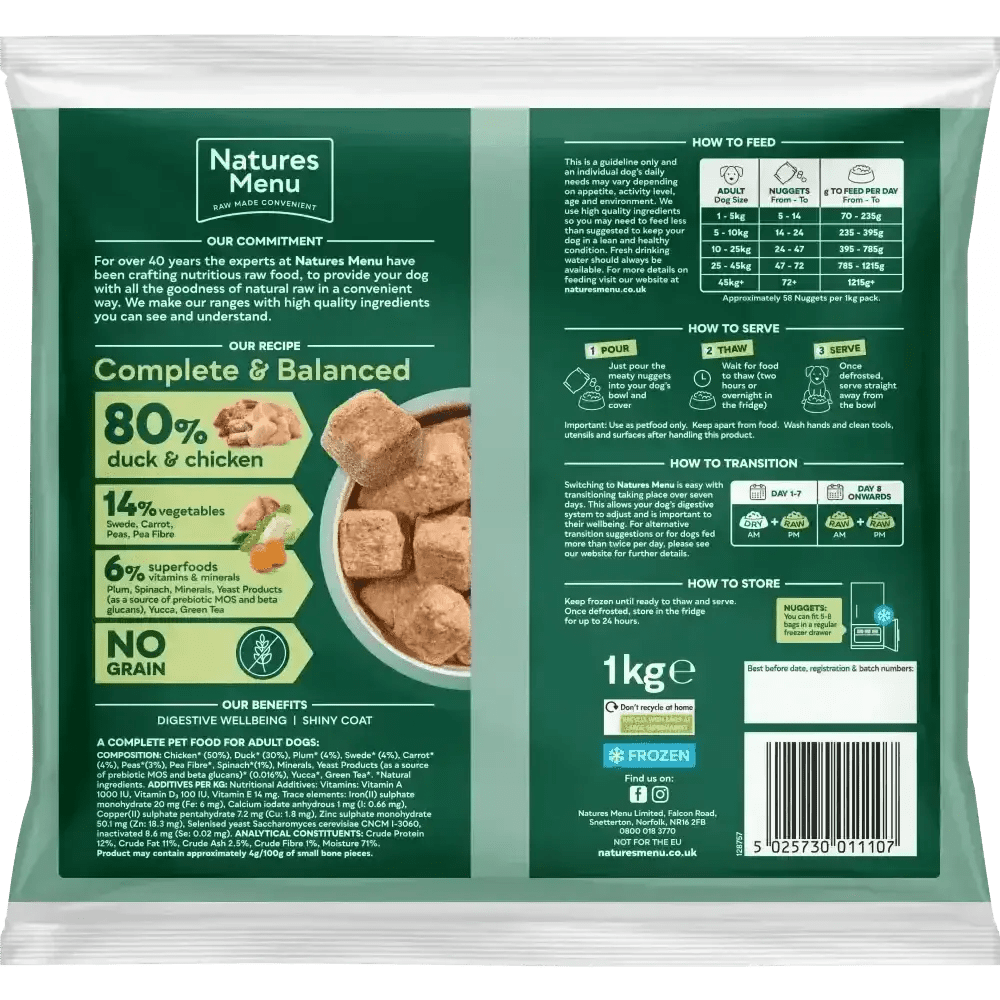 Natures Menu 80/20 Duck and Chicken with Superfoods dog food bag supporting dog’s digestive wellbeing