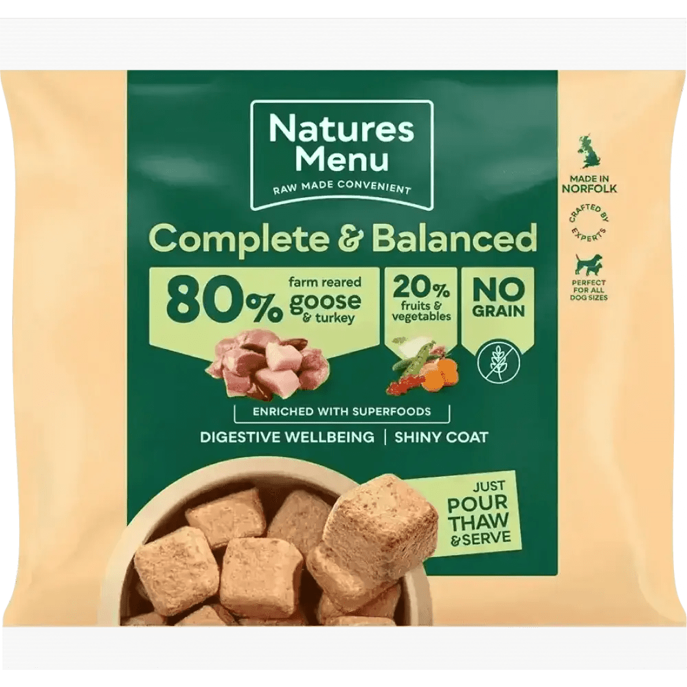 Natures Menu complete balanced dog food pouch with delicious meaty nuggets made from 80% goose and turkey, no grain