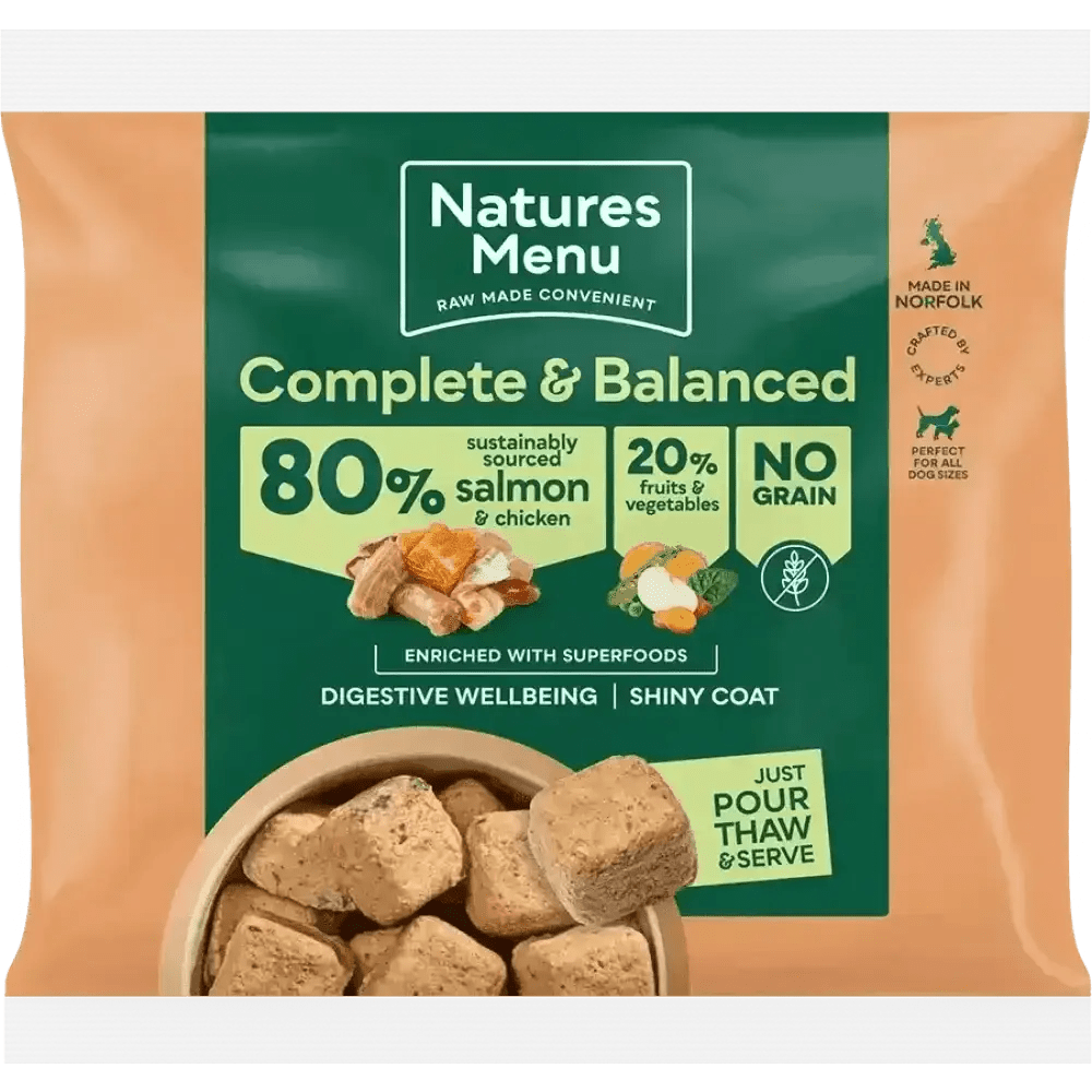 Natures Menu complete and balanced dog food pouch with salmon and chicken, green label