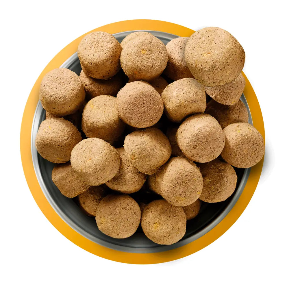 Golden brown freeze-dried chicken treats in yellow-rimmed bowl, 120g